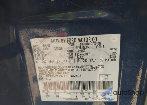 2006 Ford F-150 Xlt from USA, damaged, VIN 1FTRW12WX6FB02408